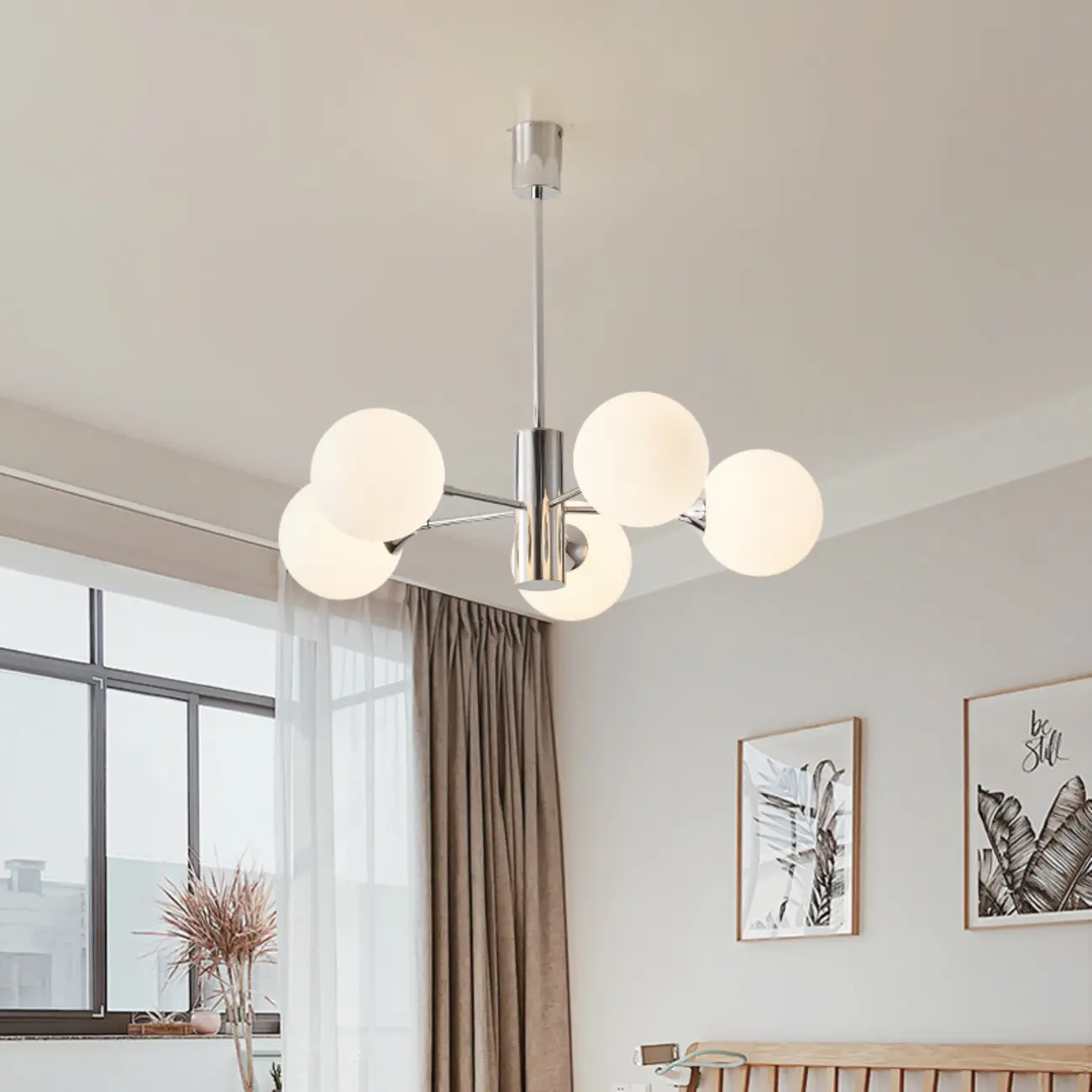 Modern Silver Sputnik Chandelier with White Globe Glass