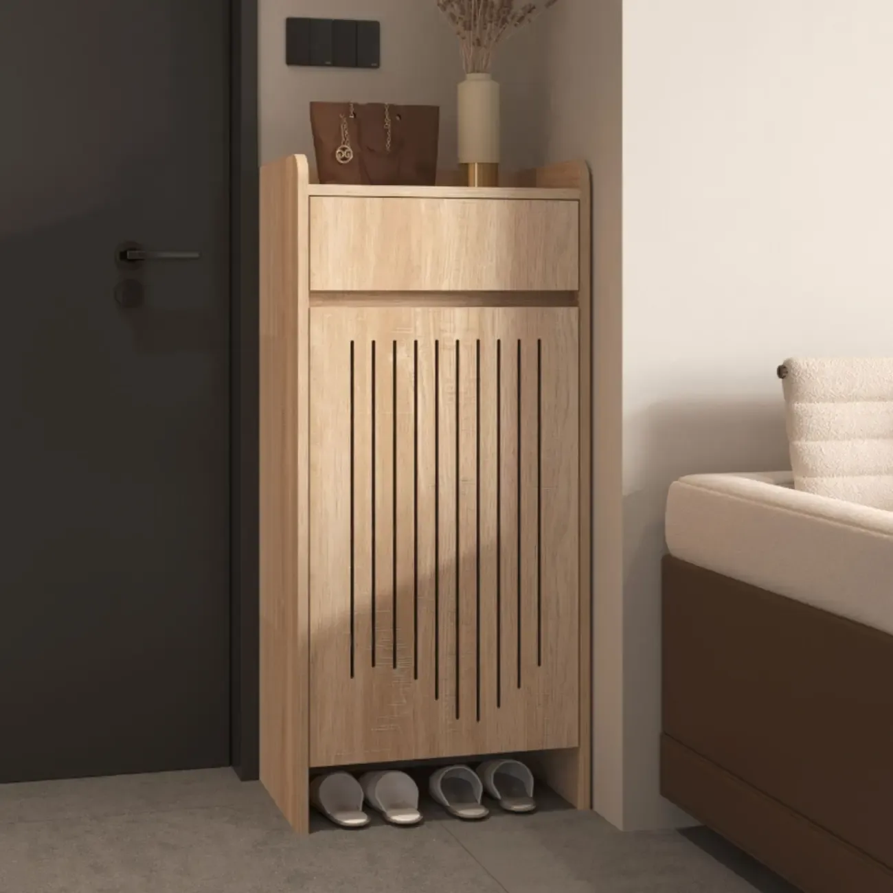 Modern Slim Wood Beige Entryway Shoe Cabinet