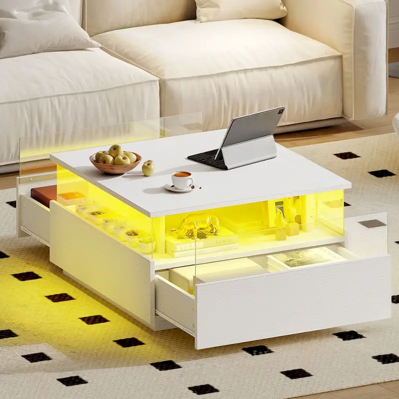 Moasis Modern Square Coffee Table with Drawers & LED Light, Acrylic and Wood Center Table
