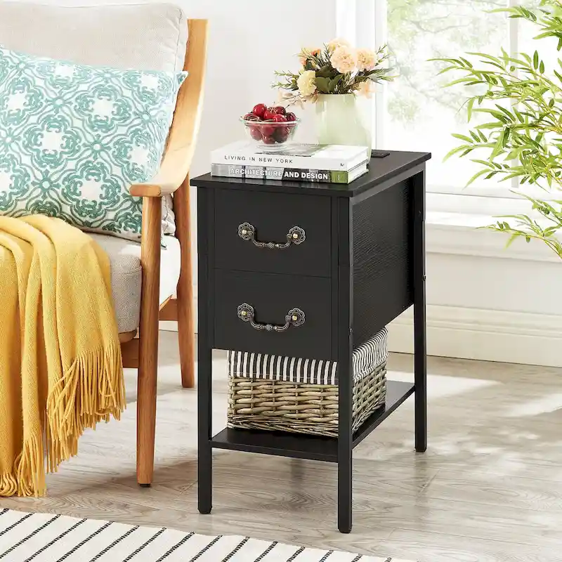 Nightstand with Charging Station, 2 USB Port & 2 Power Outlets, Tall End/Side Table with 2-Drawer and Storage Shelf