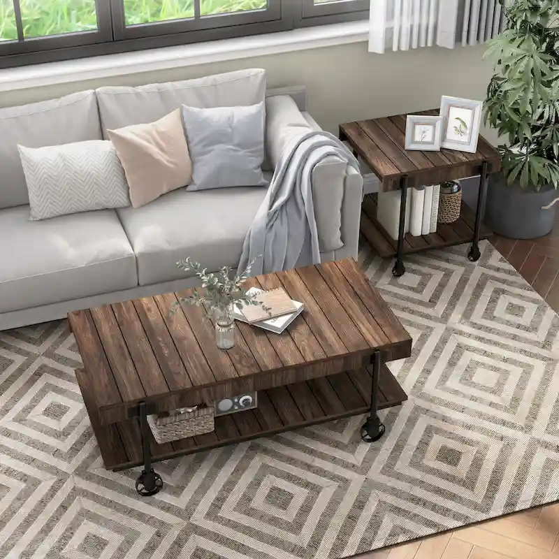 Black Farmhouse Steel 2-Piece Coffee Table Set with Wheels