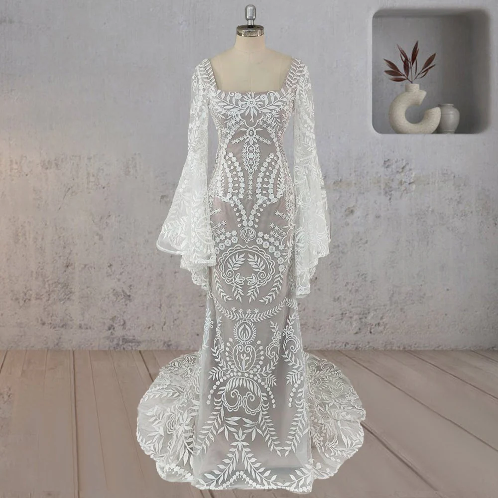 White Mermaid Enchantment Flower Prints Wedding Dress