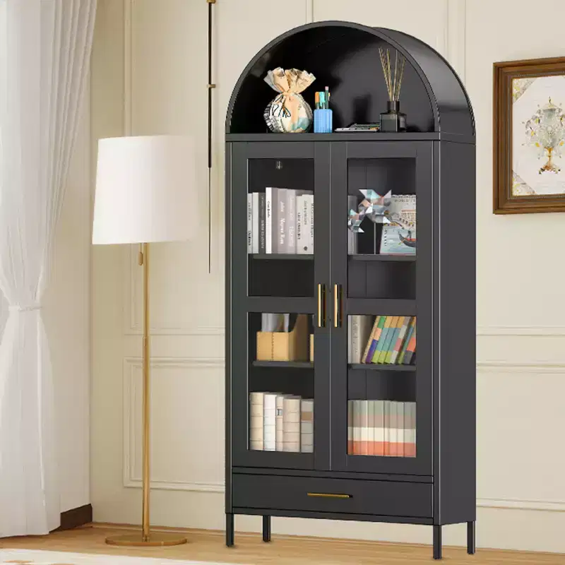 73 Arched Metal Storage Cabinet, Kitchen Pantry Cabinet with Glass Doors, Freestanding Collectibles Display Cabinet, Versatile Bookcase with Drawer