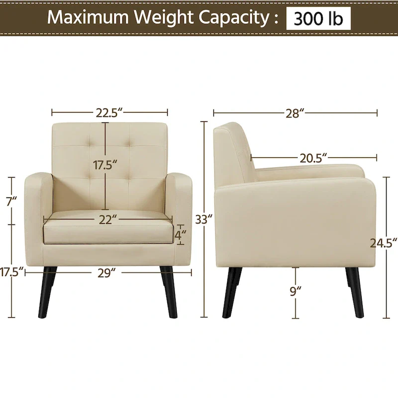 Modern faux leather upholstered armchair with solid wood legs - 28.5 29 33