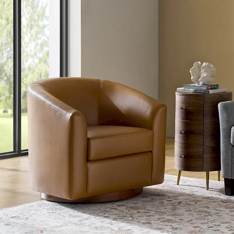 Haley Modern Swivel Barrel Faux Leather Chair with Solid Wood Base by