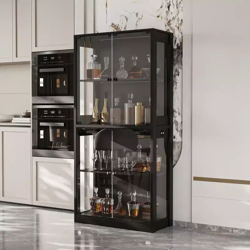 Famapy 31.5x65 Tempered Glass Curio Cabinet with Motion Sensor Lights 4-Door Tall Black Display Case Bookcase Bookshelf Sideboard Pantry