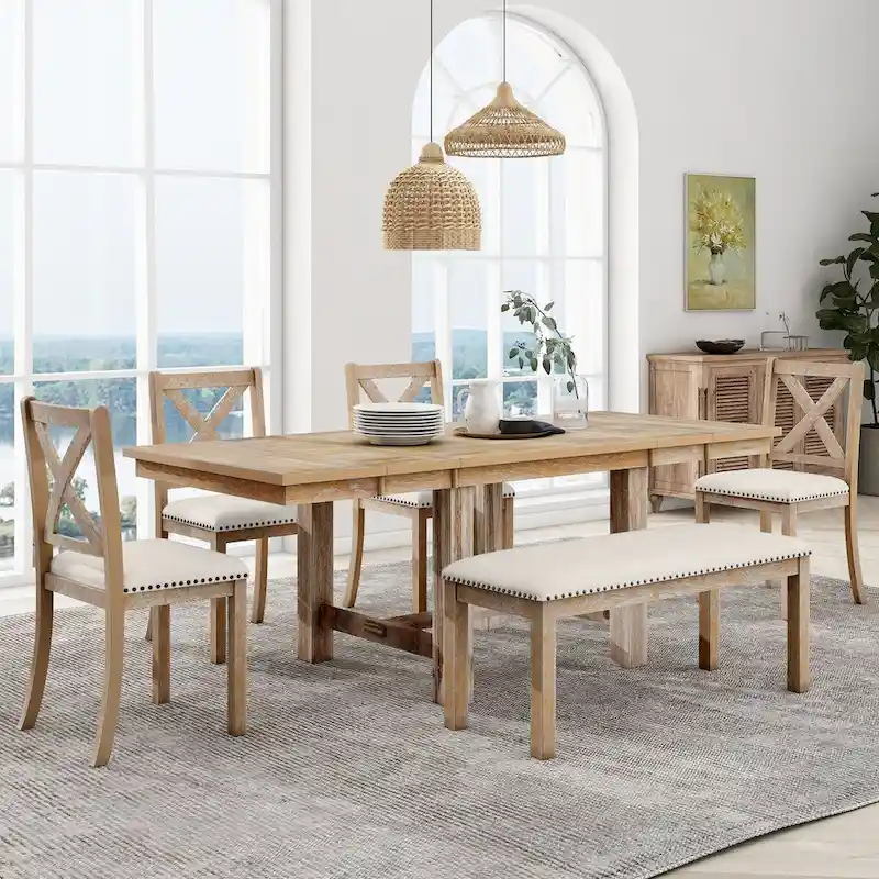82inch 6-Piece Extendable Dining Table with Footrest,4 Upholstered Dining Chairs,Bench,Two 11Removable Leaf,Beige Cushion