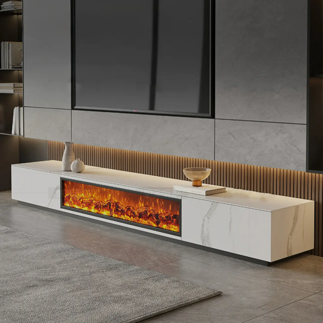 87 Rectangle Black Electric Fireplace Stone TV Stand with Light