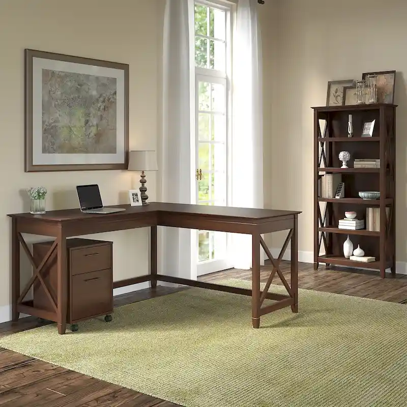 60W L-Shaped Home Office Desk Set with File Cabinet & Bookcase – Multiple Colors