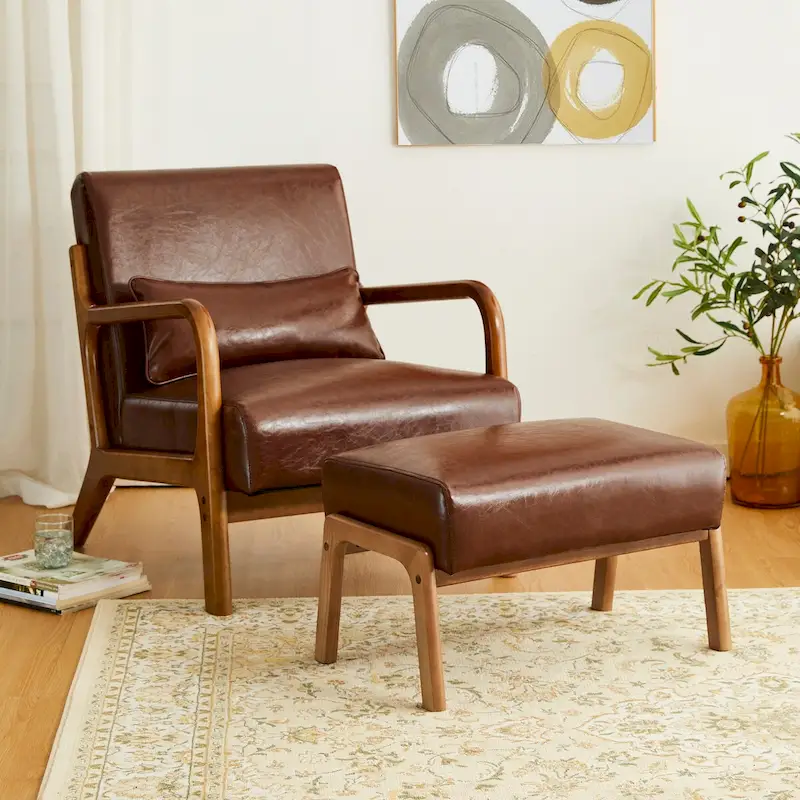 Brown Mid-Century Faux Leather Ottoman Accent Stool, Set of 2