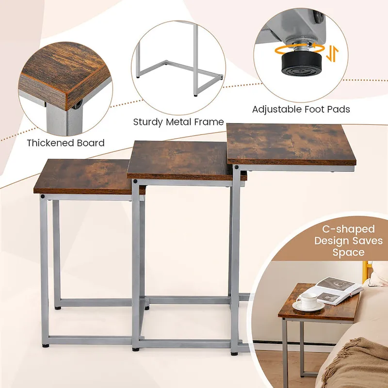 Gymax 3 Pcs Nesting Coffee End Table Set Stacking Side Nightstand