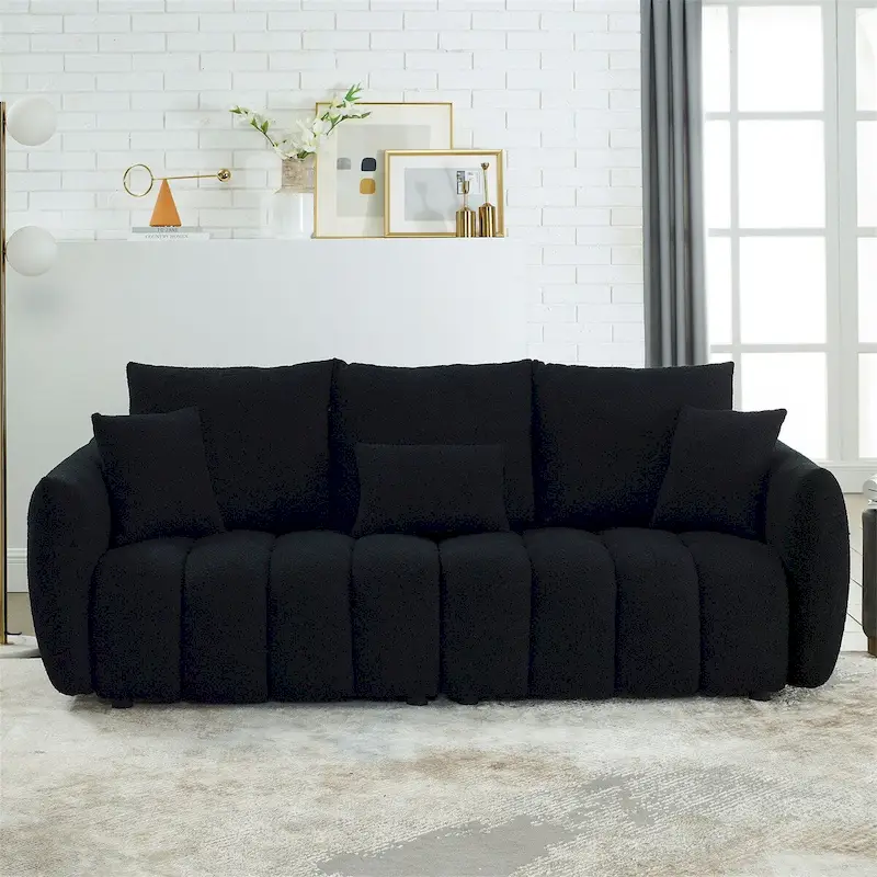 Upholstered Teddy Fabric Sofa with 3 Pillows and Solid Wood Frame