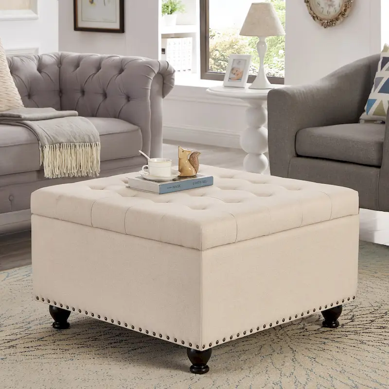 Linen / Black PU / Beige / Dark Gray Square Storage Ottoman, Button-Tufted, Seats 1