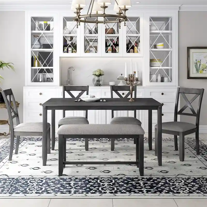 Espresso/Brown/Grey Rectangular Dining Set with Bench & 4 Chairs, Seats 6