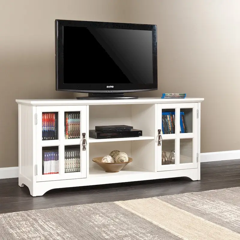 White Media TV Stand with Windowpane Cabinets - 52 Inch for TVs up to 50