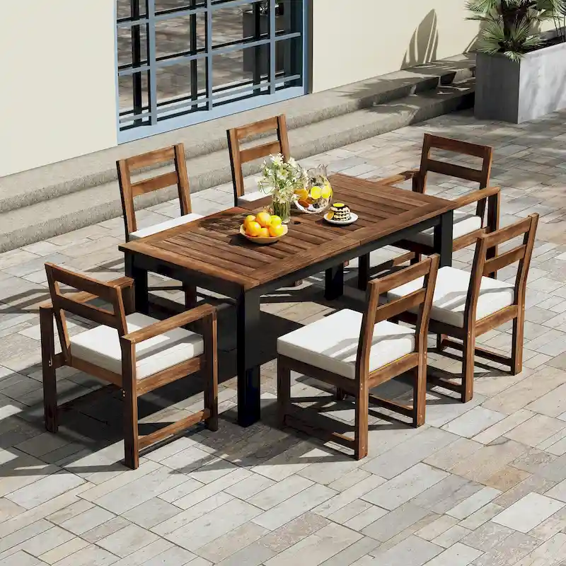 7-Piece Acacia Wood Patio Dining Set with Umbrella Hole, 2 Armchairs & 4 Side Chairs