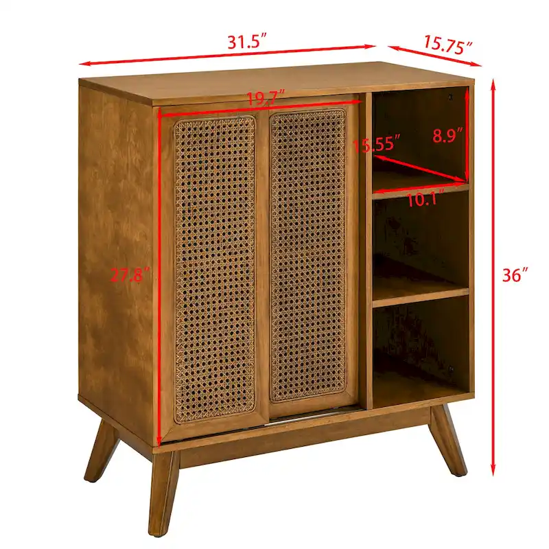 Mid Century Modern Rattan Sideboard Cabinet, Buffet Cabinet Adjustable Shelf & Solid Wood Feet - Light Wood
