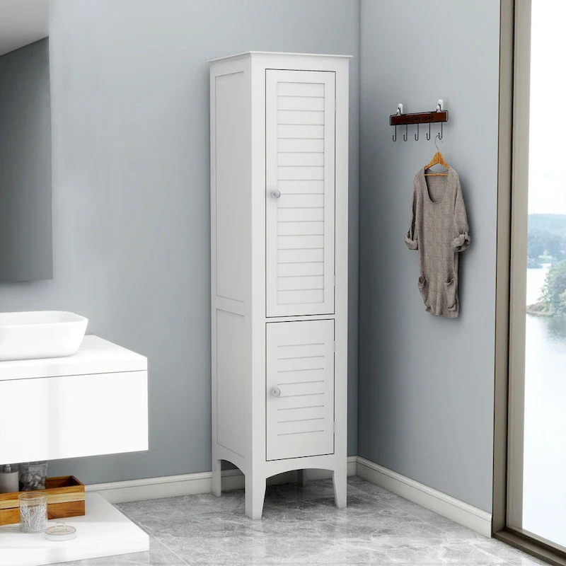 5-tier Narrow Freestanding Bathroom Cabinet with 2-shutter Doors - 15.35 x 15.35 x 63.00