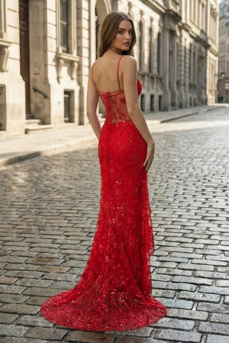 Red - Spaghetti Straps Mermaid Sequined Lace Long Formal Prom Dresses