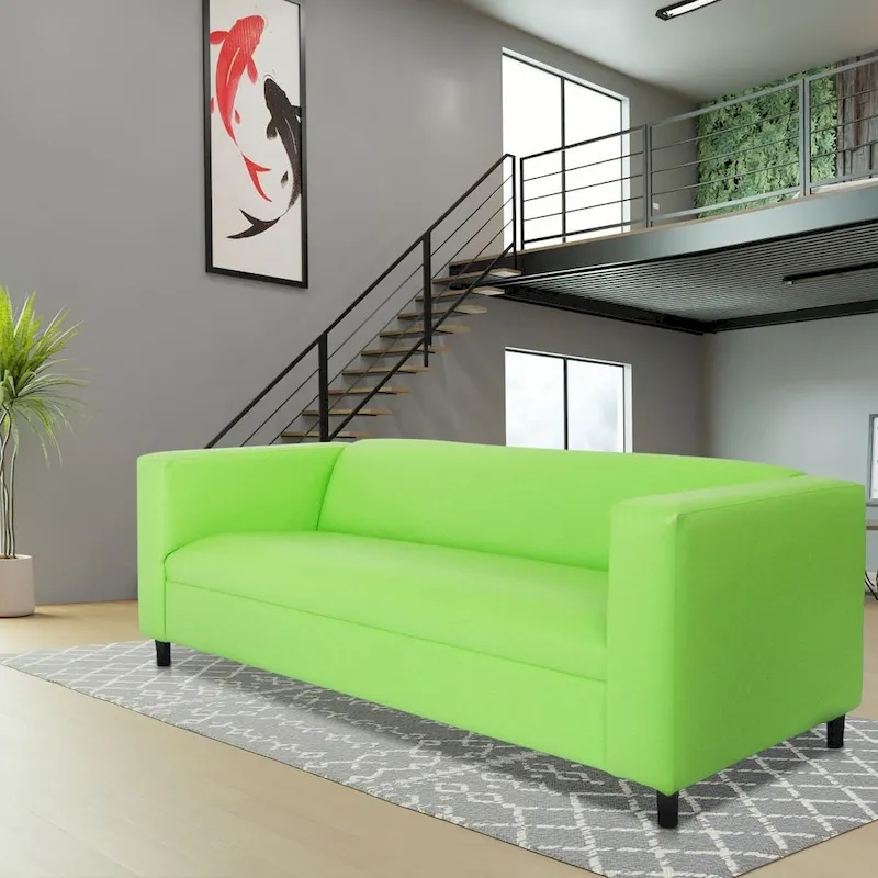 Mid-Century Modern 3-Seater Sofa, Faux Leather with Solid Wood Frame