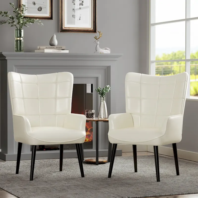 High-back Tufted Accent Chair Set of 2 Cream/ Brown/ Taupe