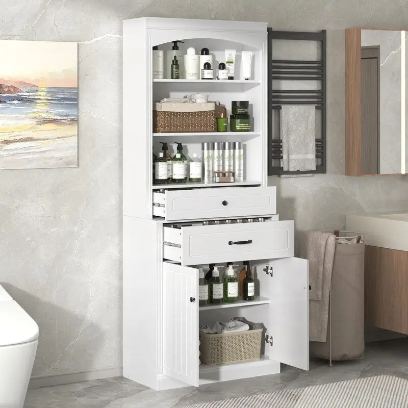 Bathroom Cabinet with 2 Doors, Drawers, Adjustable Shelf & 3 Open Shelves