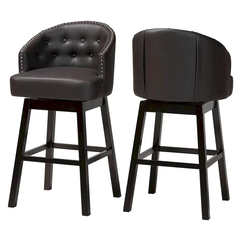 Avril Modern and Contemporary Brown Faux Leather Tufted Swivel Barstool with Nail heads Trim (Set of 2)