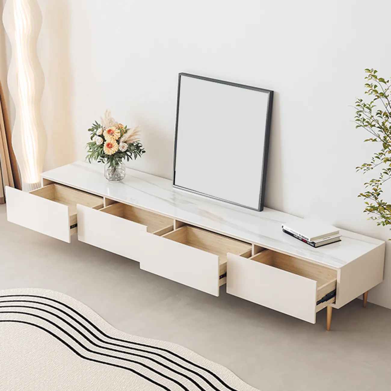 White Stone Cable Management Drawers TV Stand with Legs