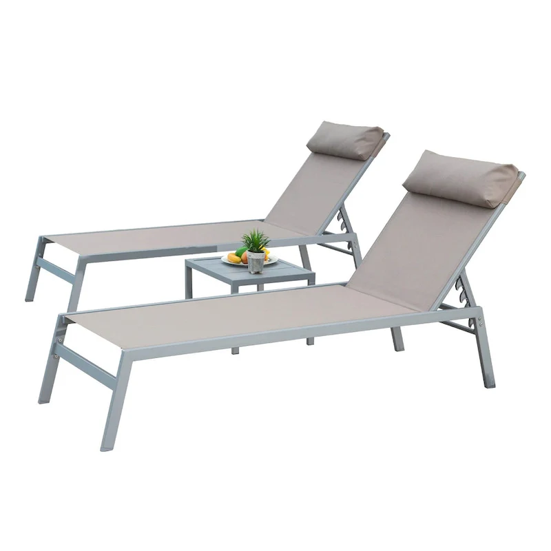 Patio Chaise Lounge Set of 3, Aluminum Lounge Chairs with 5 Adjustable Positions for Pool, Deck, Garden, Backyard, 1 Table