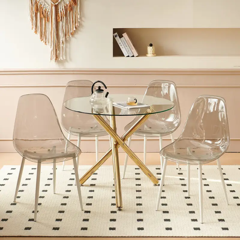 Modern 5-Piece Dining Set with Round Glass Metal Pedestal Table & 4 Transparent Chairs