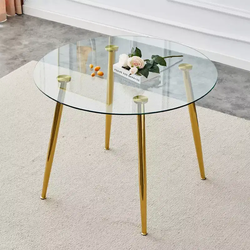 Round Glass Dining Table, 40 Inch Modern Minimalist Circular Dining Table With Gold Plated Metal Legs for Kitchen Dining Room, Golden