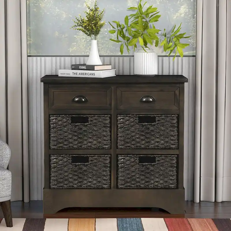 2-Drawer 4-Rattan Basket Storage Cabinet – Antique Navy / Brown Grey / Espresso / White Washed / White