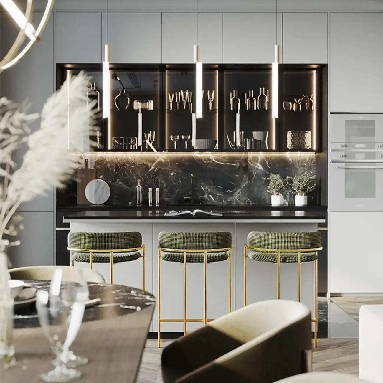 Art Deco Gold Green Cotton Upholstered Bar Stool