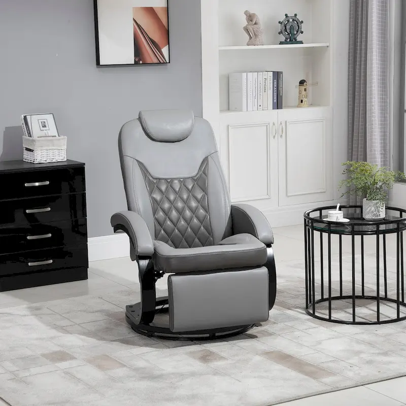 HOMCOM PU Recliner Reading Armchair with Footrest, Headrest and Round Steel/Wood Base for Living Room or Office, Grey