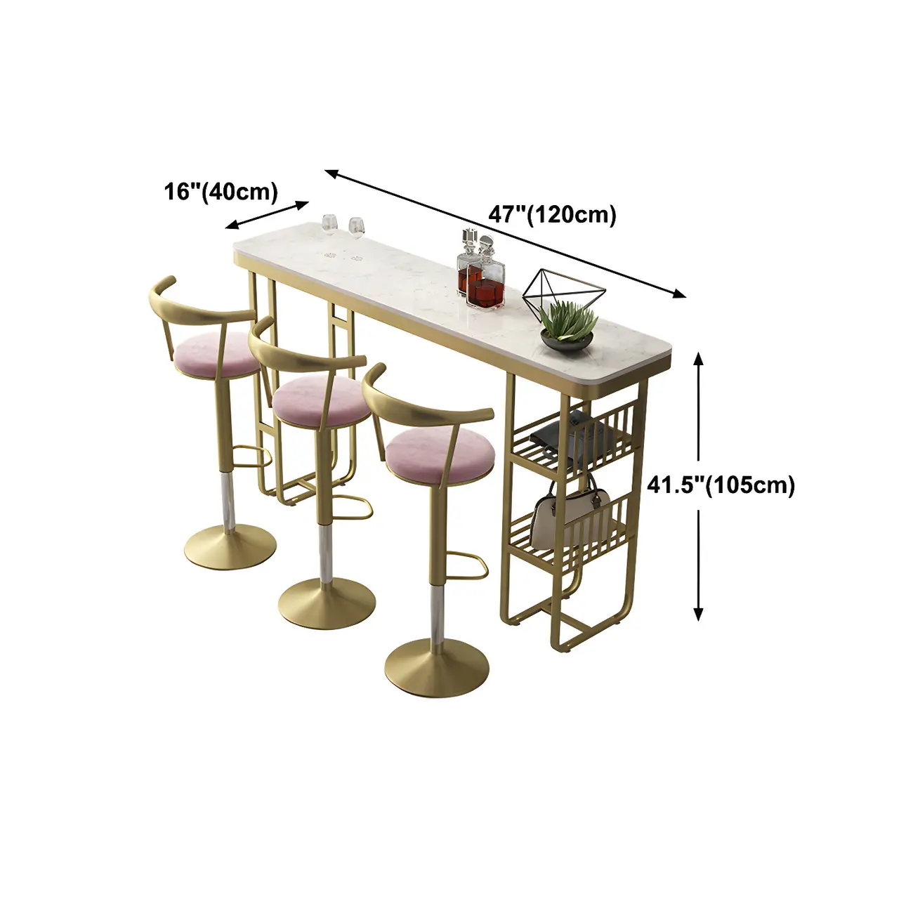 Glam Gold White Faux Marble Shelf Bar Tables