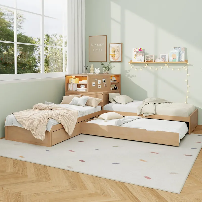 L-shaped Twin Size Floor Bed with Trundle and Drawers, 3-in-1 Corner Low Profile Platform Bed with Bookcase Built-in Downlights