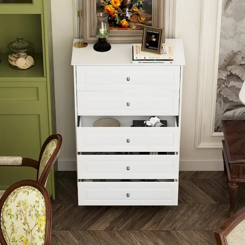 Black 5-Drawer Dresser with Wood Legs