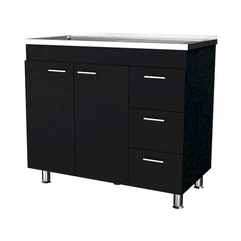 Darien melamine base cabinet, three drawers and stainless steel top. - N/A