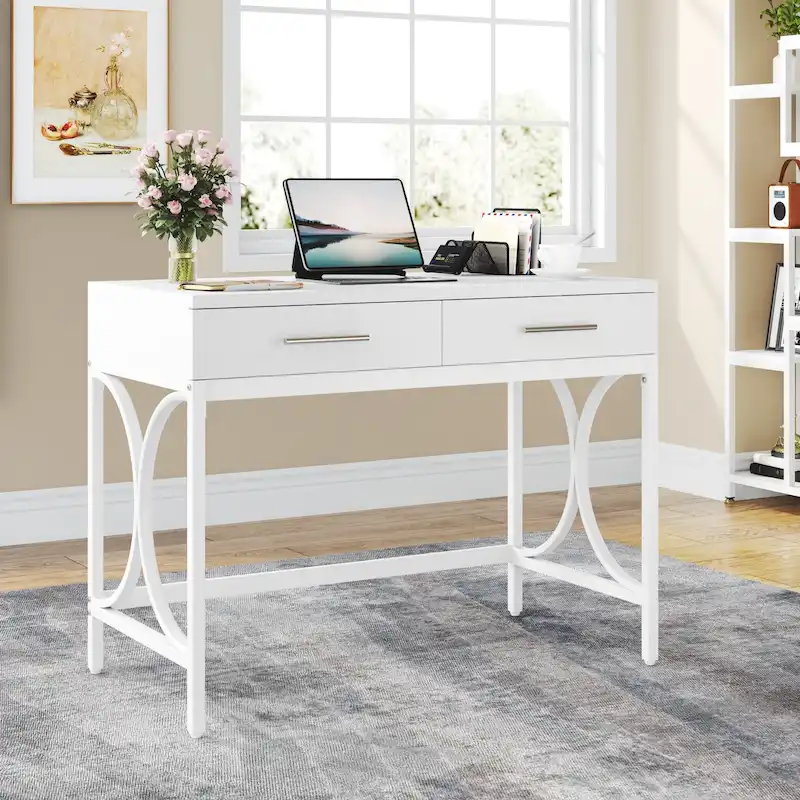 Modern Computer Writing Desk with 2 Drawers, White and Gold Home Office Desk, Makeup Vanity Table