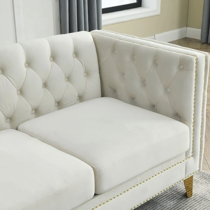 2-Pieces Velvet Upholstered 3 Seat Sofa, Classic Chesterfield Couch Buttons Tufted Square Arm Sofa with Nailheads and Metal Legs