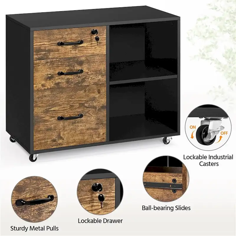 Rolling File Cabinet with 3 Drawers and 2 Shelves