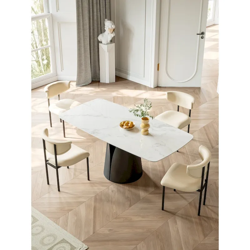 White Rectangular Dining Table for 6, Glossy Slate Top, Pedestal Base