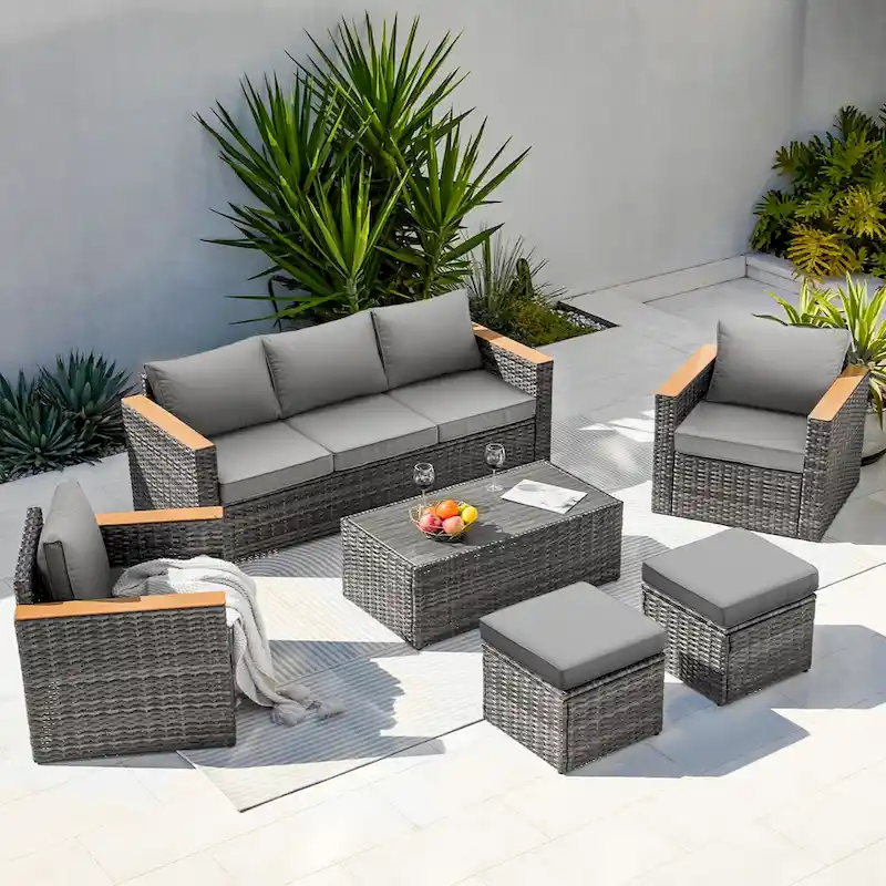 6-Piece Wicker Outdoor Sectional Furniture Set with Cushions and Coffee Table