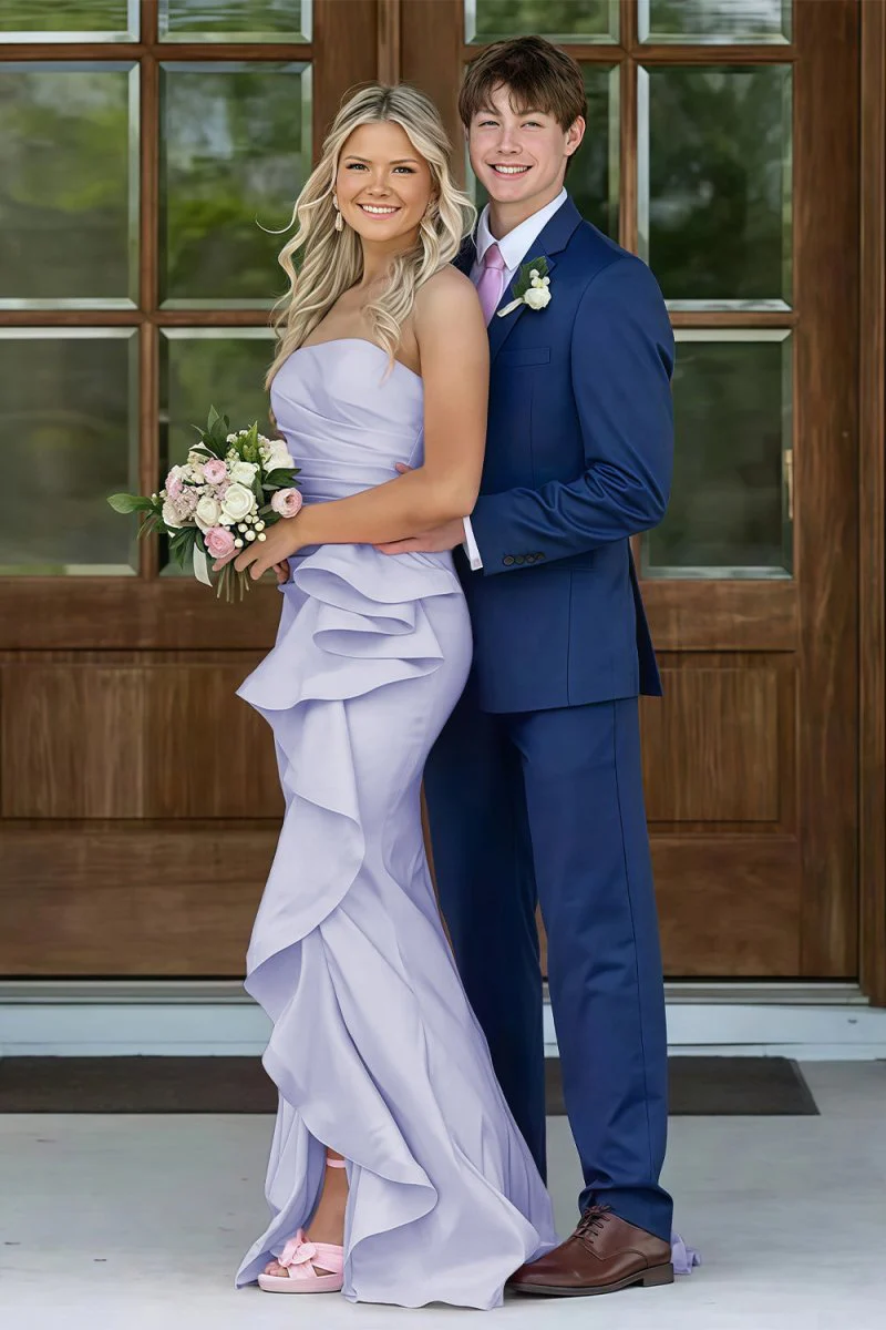 Pink Mermaid Strapless Satin Ruffled Long Prom Dresses with Slit