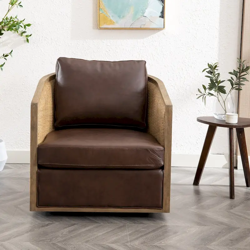 Boucle/Leather Upholstered 360 Degree Swivel Round Barrel Club Chair