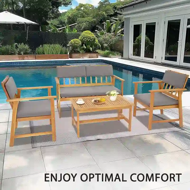 4 Piece Outdoor Patio Conversation Set with Soft Cushions and Coffee Table
