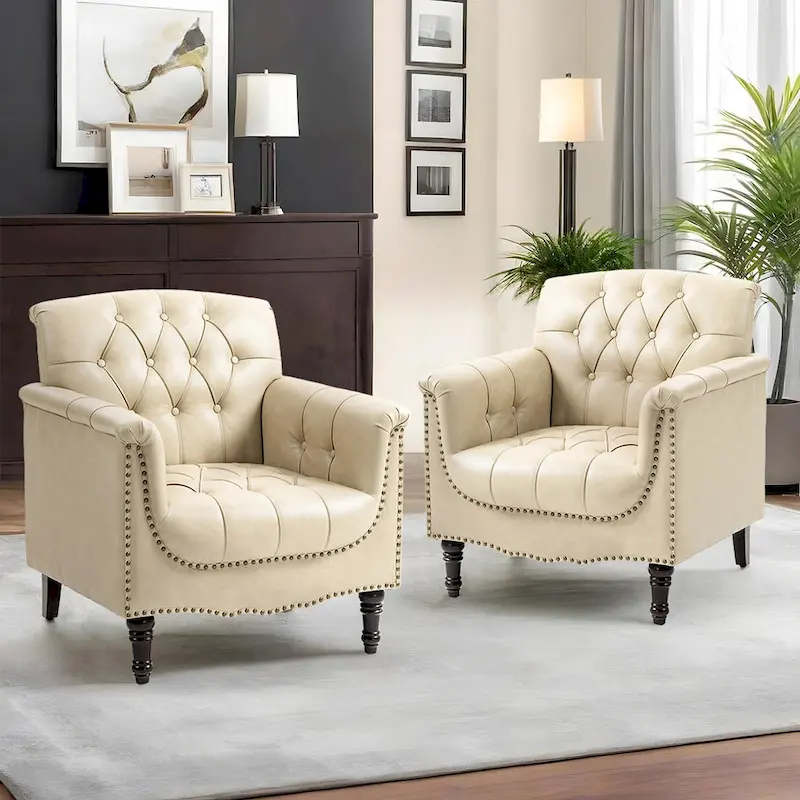 Modern Tufted Accent Armchair with Nailhead Trim Set of 2