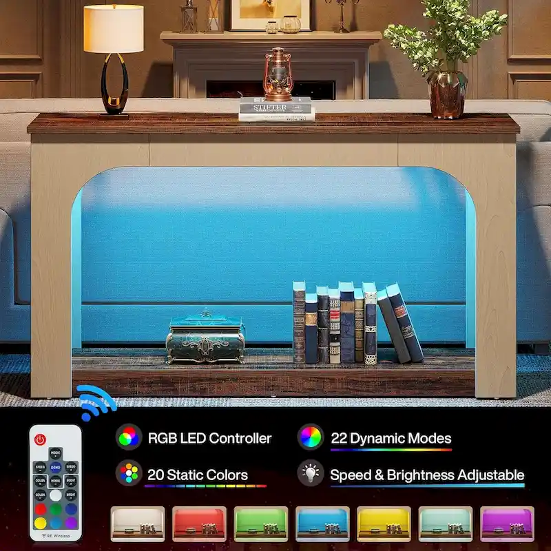 55 Inches Console Sofa Table Wood Entryway Table with LED Lights