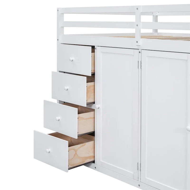 Grey / White Full Size Wood Loft Bed with Wardrobe, Drawers & Staircase, for 1