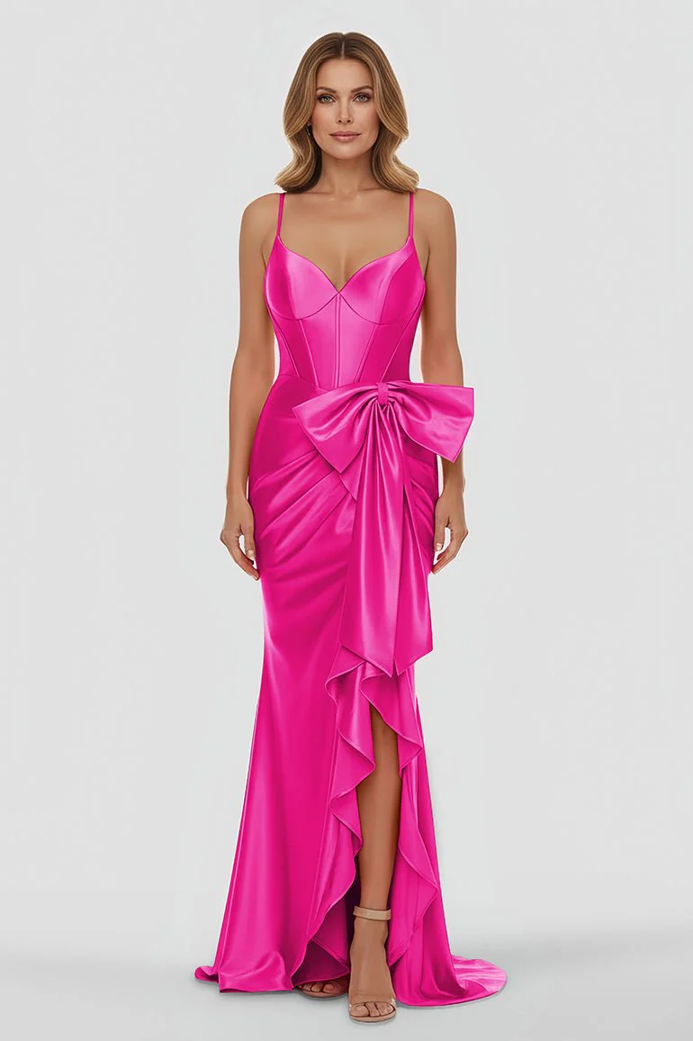 Straps V-Neck Satin Mermaid Prom Dress with Bow